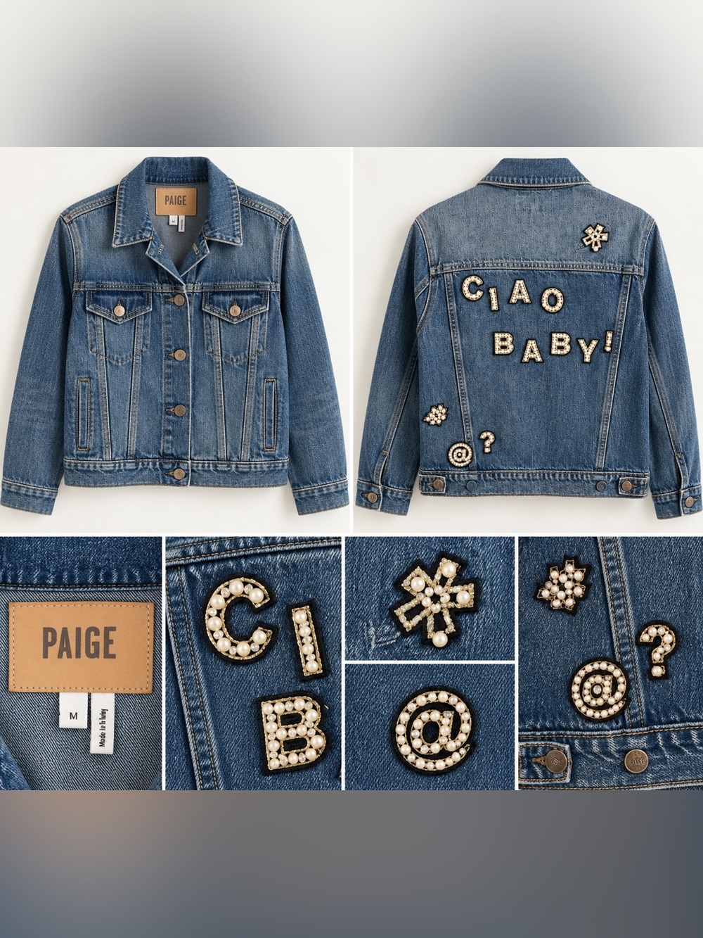 PAIGE NWOT Blue Denim Jacket with Pearl Lettering
